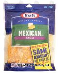 Kraft Natural Cheese mexican style, taco, finely shredded cheddar & asadero cheeses with taco seasonings Center Front Picture