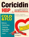 Coricidin&nbsp;&nbsp;hbp cold flu tablets, relieves runny nose, sneezing, fever, body aches and pains Center Front Picture