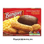 Banquet&nbsp;&nbsp;chicken fingers meal with french fried potatoes and a fudge brownie Center Front Picture