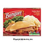 Banquet Dinners&nbsp;Turkey Meal&nbsp;w/Gravy Dressing Mashed Potatoes & Peas Center Front Picture