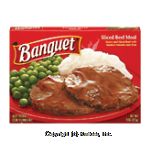 Banquet&nbsp;&nbsp;sliced beef meal with gravy, mashed potatoes and peas Center Front Picture